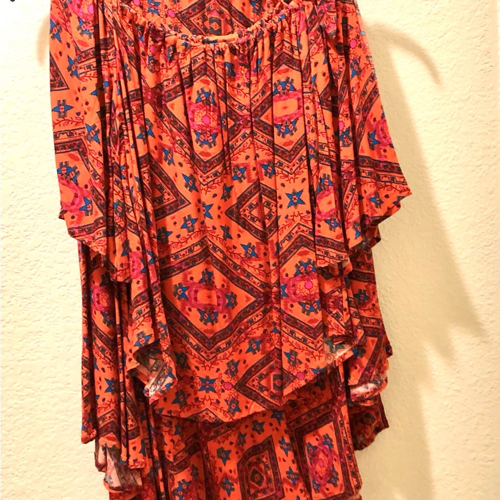 Shyanne Orange Boho Midi Dress with Pink & Blue Accents
